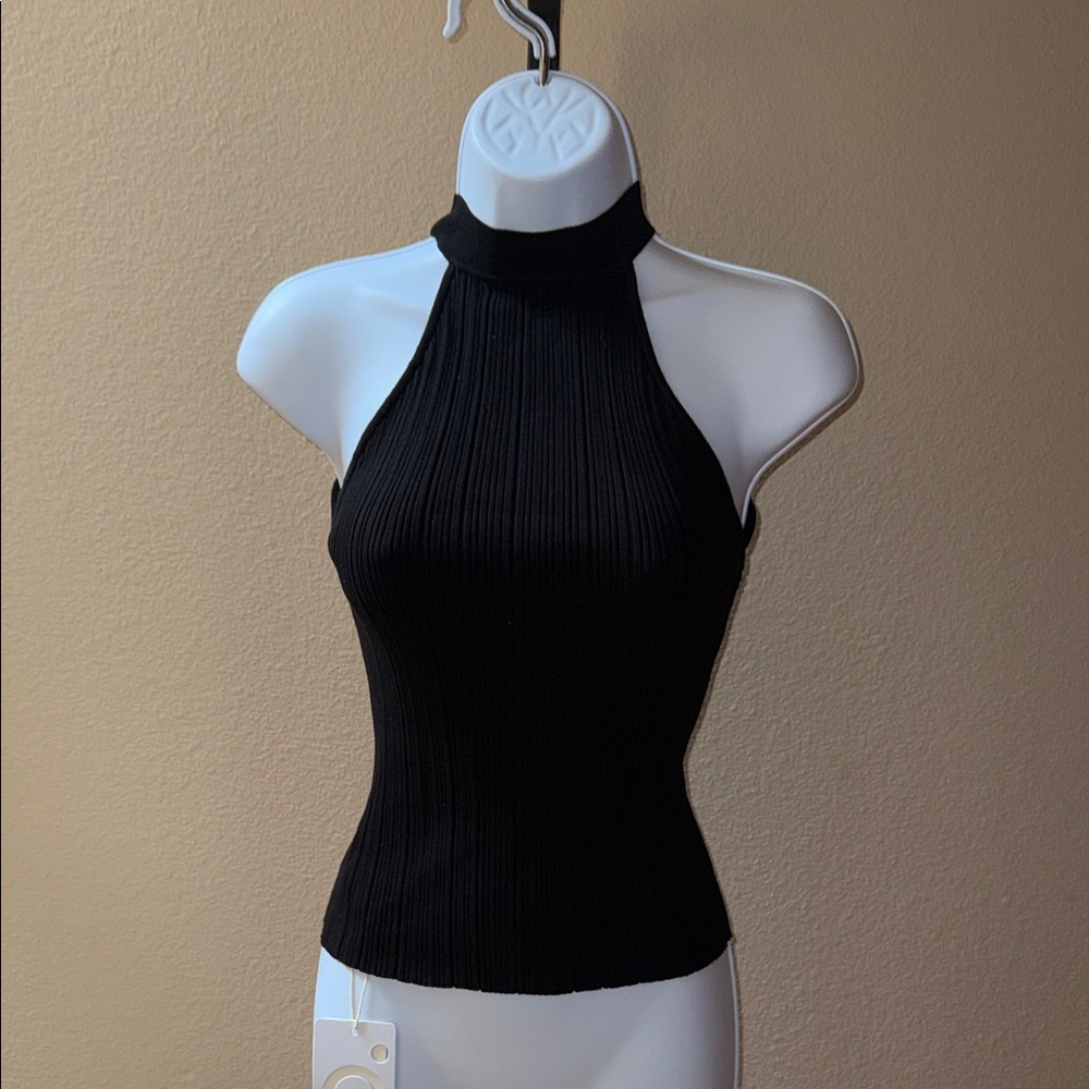 NWT Commense Black Ribbed Halter Tank Top Sweater Women’s Size M